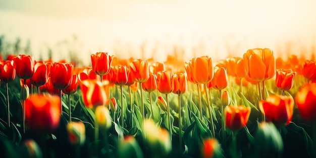 Un campo di tulipani con il sole che splende in alto a destra.