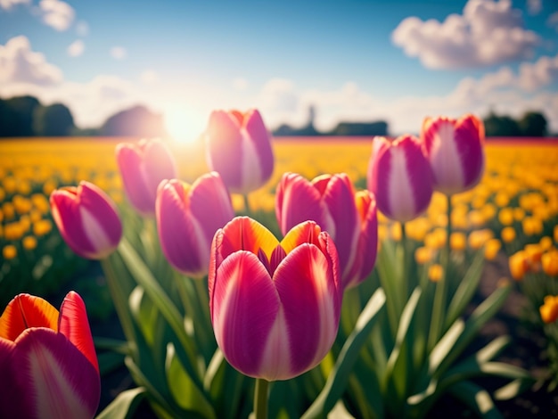 Un campo di tulipani con il sole che splende in alto.