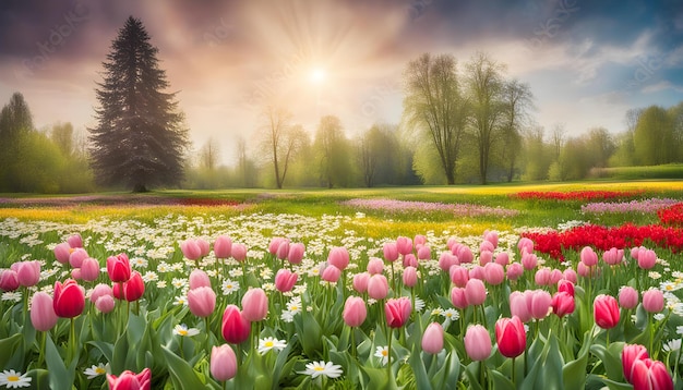 un campo di tulipani con il sole dietro di loro