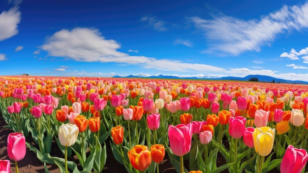 un campo di tulipani con le montagne sullo sfondo e l'Hitachi Seaside Park sullo sfondo