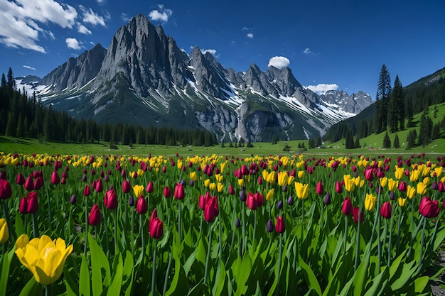 Un campo di tulipani con le montagne sullo sfondo