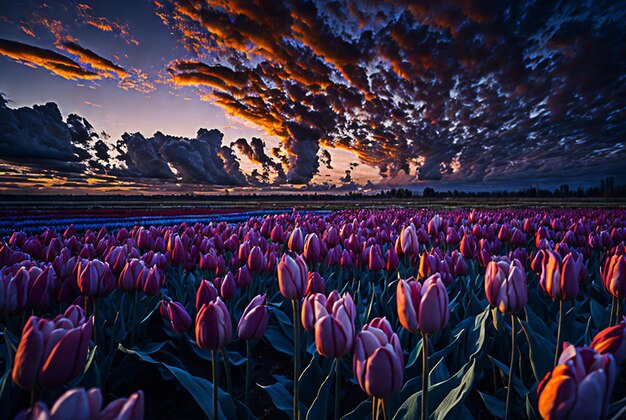 un campo di tulipani con un cielo azzurro colori dinamici con nuvole bianche tulipani rosa bianchi rossi e viola