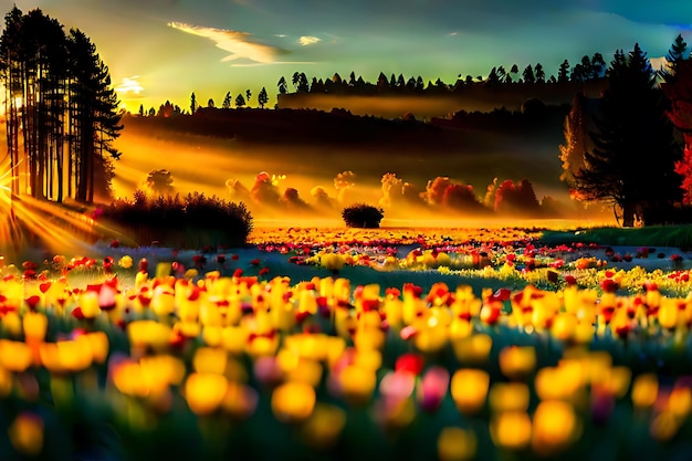 Un campo di tulipani con un tramonto sullo sfondo