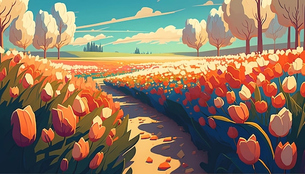 Un campo di tulipani in fiore che si estende fino all'illustrazione dell'arte digitale