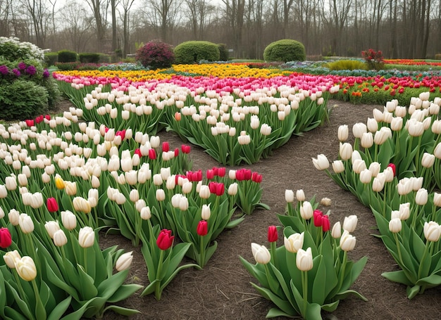 Un campo di tulipani in un giardino con tanti altri fiori.