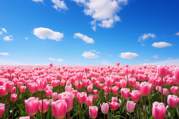 un campo di tulipani rosa con il cielo sullo sfondo