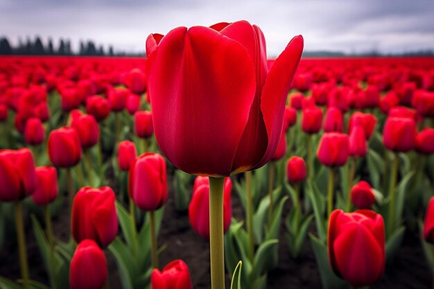 un campo di tulipani rossi con alberi sullo sfondo.