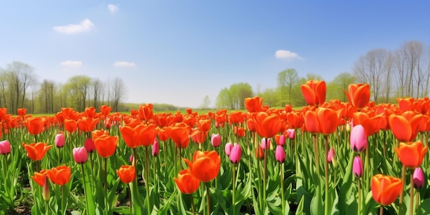 Un campo di tulipani rossi con un tulipano rosa sullo sfondo.