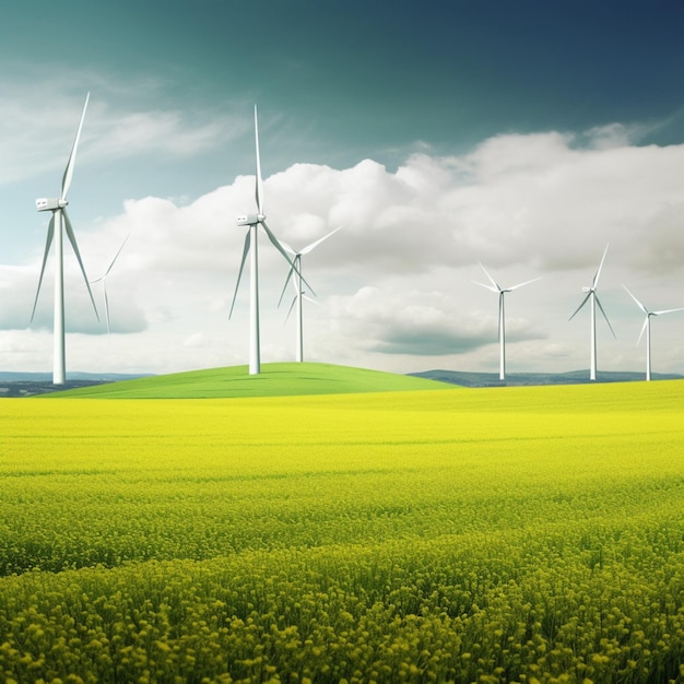 Un campo di turbine eoliche con un campo verde sullo sfondo.