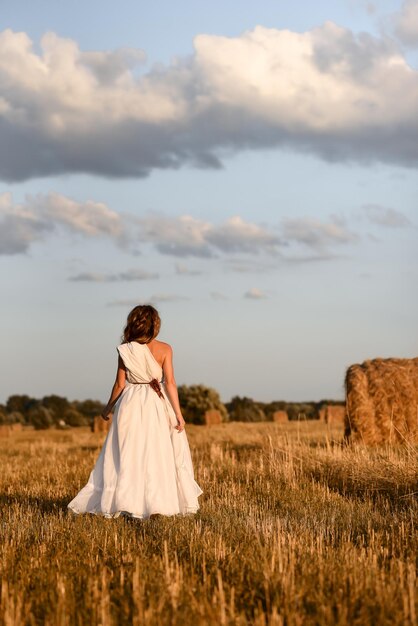 Un campo e una palma femminile nel campo Illuminato dal sole della sera