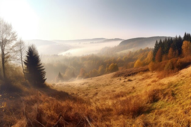 Un campo erboso con alberi e nebbia in lontananza IA generativa