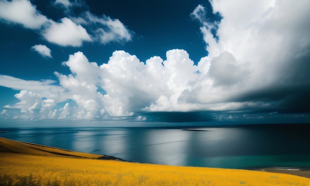 Un campo giallo con un cielo blu e nuvole sopra di esso