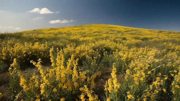 Un campo giallo in fiore su una collina sotto un cielo blu limpido