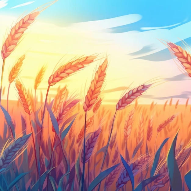 Un campo illustrato di spighe di grano estivo da vicino Vettoriali Generative AI