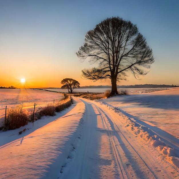 Un campo innevato con un albero e un tramonto sullo sfondo