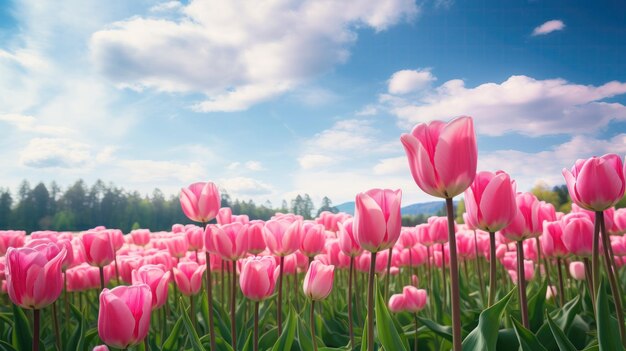Un campo pieno di tulipani colorati sotto un cielo nuvoloso