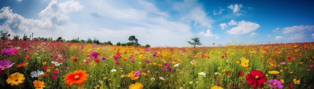 Un campo stravagante di fiori sotto un cielo blu brillante Banner orizzontale AI generato