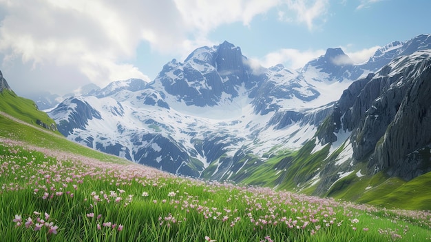 Un campo sullo sfondo di montagne innevate Nuvole di massima altezza Fiumi sci valanga Alpinista aereo Gola cresta fiori verde erba natura prato generato da AI