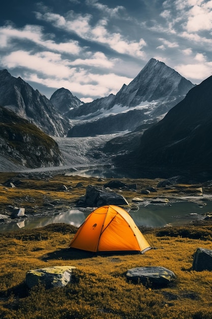 Un campo turistico in montagna una tenda in primo piano AI generativa