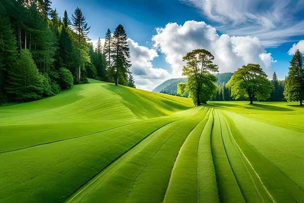 Un campo verde con alberi e montagne sullo sfondo