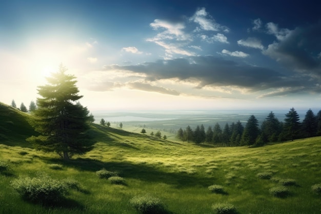 Un campo verde con alberi e un cielo blu