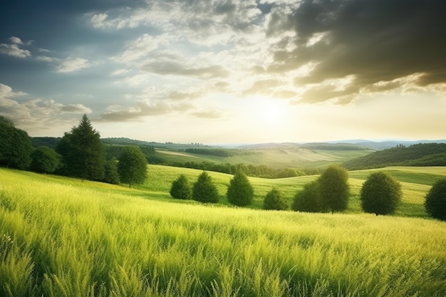 Un campo verde con alberi e un cielo nuvoloso