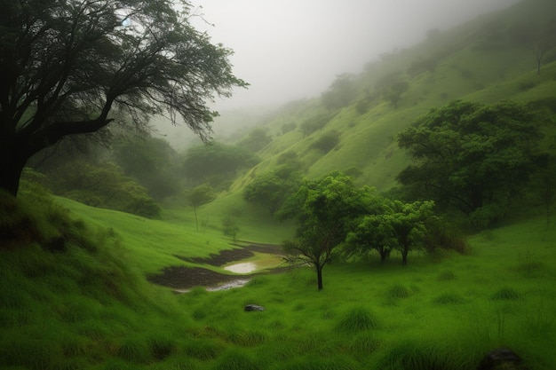 Un campo verde con alberi ed erba in primo piano e un piccolo ruscello sullo sfondo.