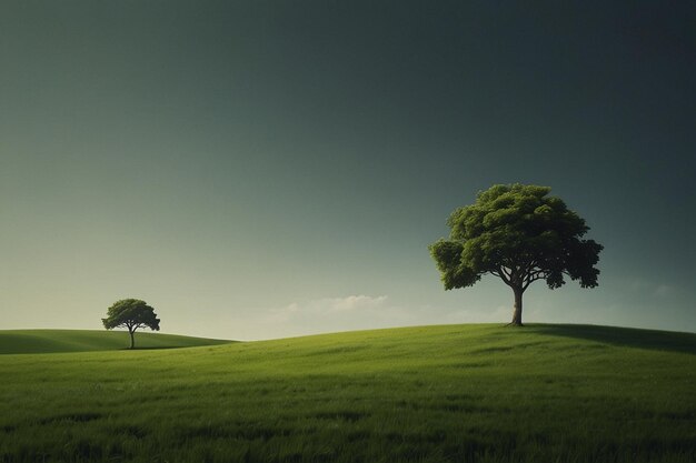 un campo verde con due alberi su di esso e uno sfondo celeste