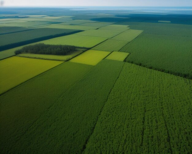 Un campo verde con pochi filari di colture e un cielo azzurro.