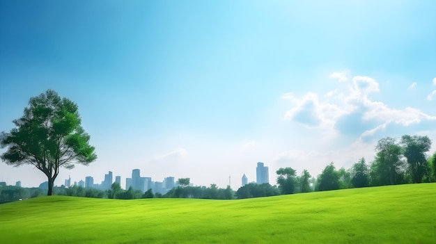 Un campo verde con un albero davanti a un paesaggio urbano