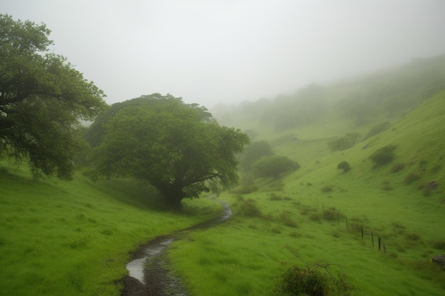 Un campo verde con un albero in primo piano e un campo verde con nebbia sullo sfondo.