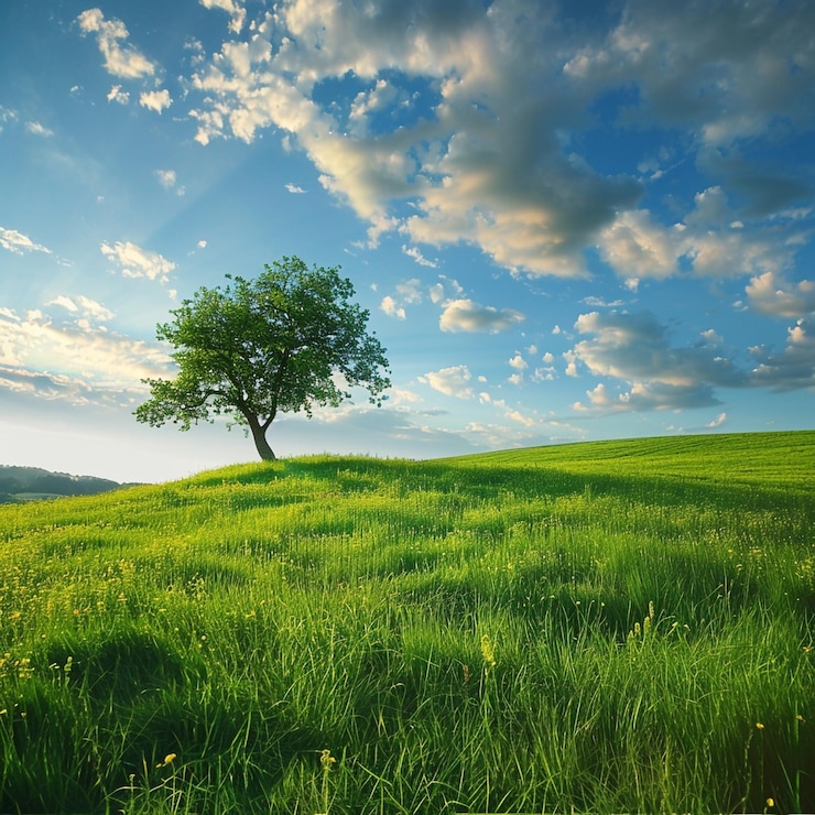 Foto un campo verde con un albero solitario in cima
