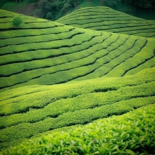 Un campo verde con un campo verde e sopra la parola tè