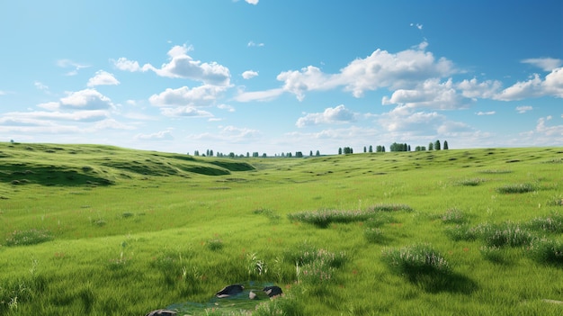 un campo verde con un cielo blu e nuvole