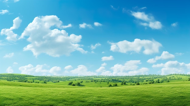 un campo verde con un cielo blu e nuvole