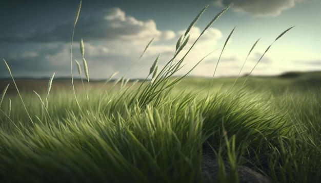 Un campo verde con un cielo nuvoloso sullo sfondo