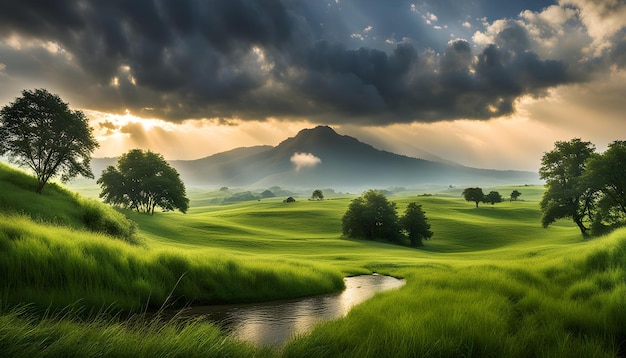 un campo verde con una montagna sullo sfondo