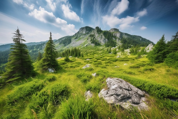 Un campo verde con una montagna sullo sfondo