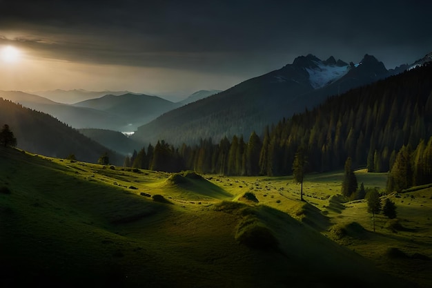 Un campo verde con una montagna sullo sfondo