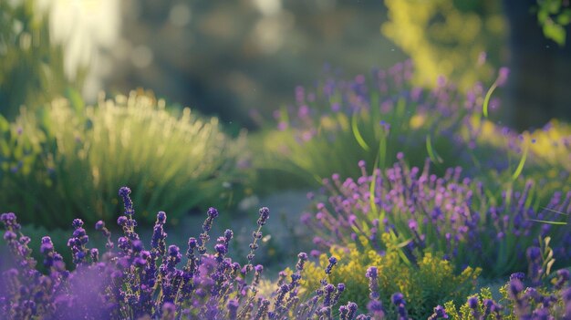 Un campo viola di delicati fiori di lavanda in un giardino