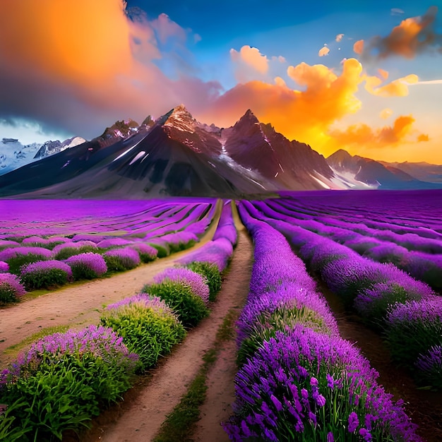 Un campo viola di lavanda con le montagne sullo sfondo.