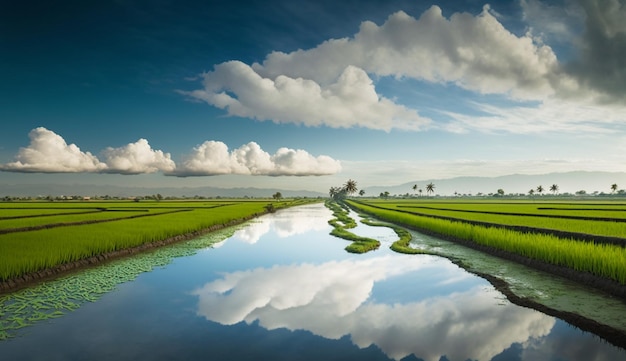 Un canale d'acqua con un cielo blu e nuvole