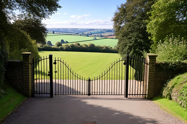 Un cancello aperto verso la vista dell'ondulata campagna inglese