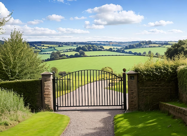 Un cancello aperto verso la vista dell'ondulata campagna inglese