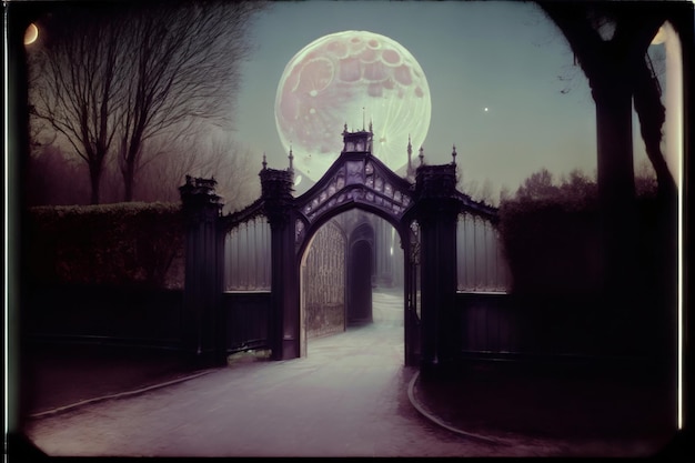 Un Cancello Con Una Luna Piena Sullo Sfondo
