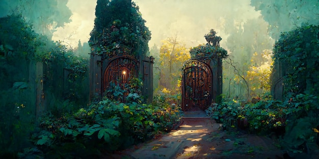 Un cancello di ferro aperto conduce ad un affascinante giardino segreto circondato da alberi ricoperti di edera, rendering 3D.