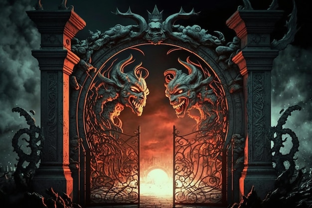 Un cancello fantasy con due corna sopra