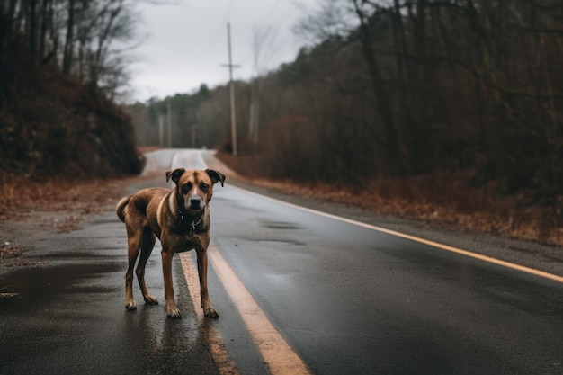 Un cane abbandonato da solo su una strada