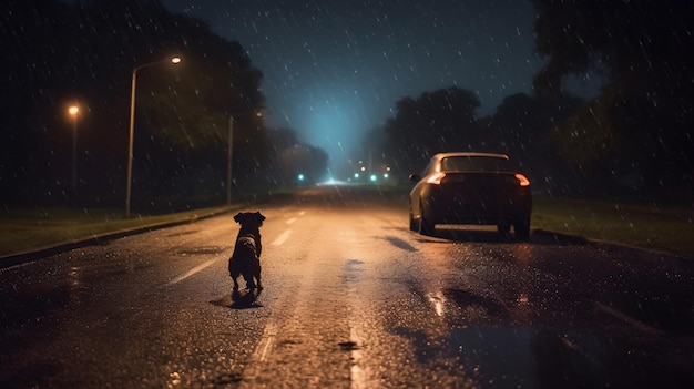 Un cane abbandonato sulla strada tranquilla di notte