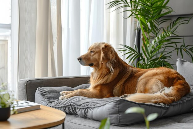 Un cane adorabile giace su un comodo divano in un salotto moderno.